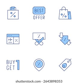 Sales icons set. Line Duotone style, editable stroke. paperbag, bestoffer, shoppingbag, sales, sale, buyonegetonefree, discount, hotsale.
