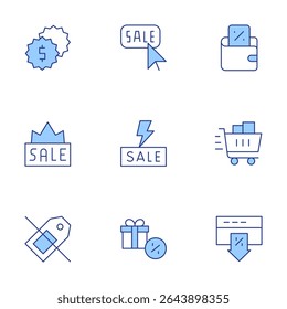 Sales icons set. Line Duotone style, editable stroke. sales, wallet, sale, flashsale, shoppingcart, nosales, onlinesale.