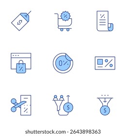Sales icons set. Line Duotone style, editable stroke. sale, shoppingcart, bill, onlineshopping, percent, card, cut, salespipeline.