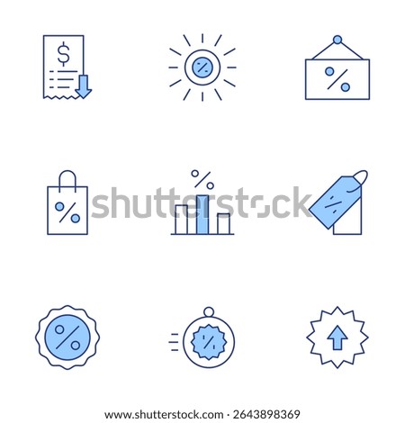 Sales icons set. Line Duotone style, editable stroke. lowsales, summersale, shoppingbag, sale, discount, flashsale, pricetag.