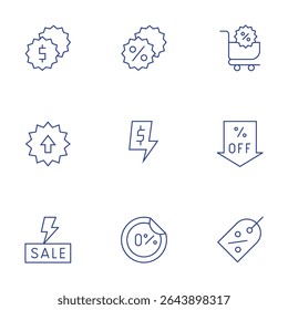 Sales icons set. Thin Line style, editable stroke. sales, sale, flashsale, bigsale, percent, shoppingcart, discount, label.