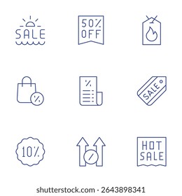 Conjunto de iconos de ventas. Estilo de línea delgada, trazo editable. descuento, factura, aumento, venta caliente, ventas, venta de verano, por ciento.