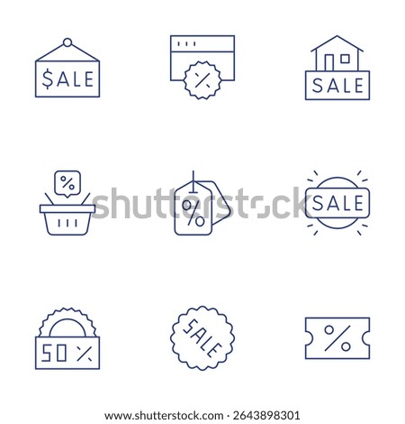 Sales icons set. Thin Line style, editable stroke. ticket, sale, shoppingbasket, pricetag.