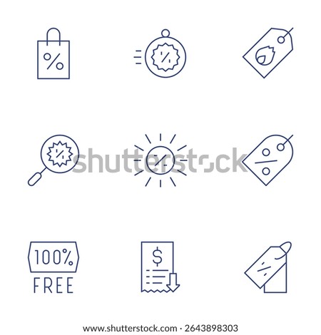 Sales icons set. Thin Line style, editable stroke. shoppingbag, search, free, flashsale, summersale, lowsales, hotsale, pricetag, discounttag.