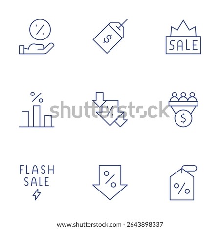 Sales icons set. Thin Line style, editable stroke. discount, sale, flashsale, decrease, pricetag, salespipeline.
