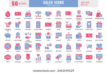Sales icons set.E-commerce online shopping flat two-color icons vector