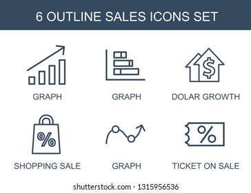 sales icons. Trendy 6 sales icons. Contain icons such as graph, dolar growth, shopping sale, ticket on sale. sales icon for web and mobile.