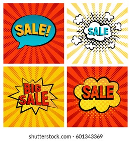 Sales icons vector set. Big, Mega sale, Best price and Hot deal comic style, card on background with rays. New, Special offer on spech bubble. Explosion bubbles, discount promotion pop art style