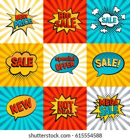 Sales icons vector set. Big, Mega sale, Best price and Hot deal comic style, card on background with rays. New, Special offer on spech bubble. Explosion bubbles, discount promotion pop art style