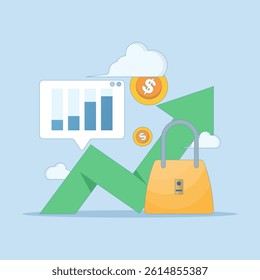 sales increase concept. business increase, revenue and sales result. profit and success. progress in revenue increase, sales increase drastically. flat style design illustration.