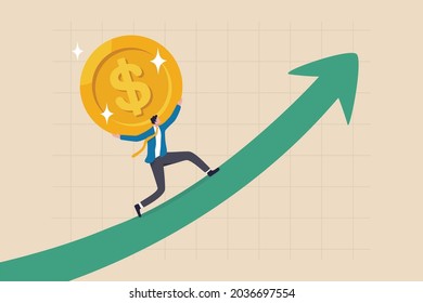 Sales Increase, Investment Growth Or Earning And Profit Rising Up, Salary Or Revenue Growing, Financial Prosperity Concept, Strong Businessman Investor Carry Golden Money Coin Walk Up Rising Up Graph.