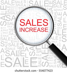 Sales Increase. Magnifying glass over seamless background with different association terms. Business Concept.