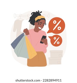 Sales information isolated cartoon vector illustration. Teenage girl with bags using phone with bubble icon and scanning shop products, checking discount information via app vector cartoon.