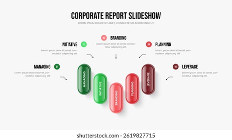 Sales Introduction 5 Option Diagram Slide Layout. Modern Review Slideshow Template Vector Illustration. Visual Forecast Five Element Infographic Presentation Design.