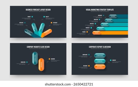 Sales Introduction Four Five Two Three Element Infographic Slideshow Design Vector Illustration Collection. Advertising Development 4 5 2 3 Option Diagram Slide Template Set.