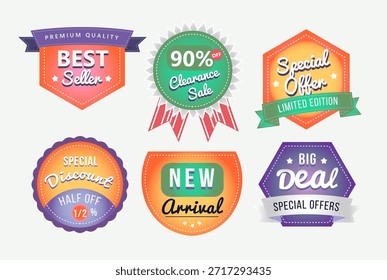 Conjunto de diseño de etiqueta de ventas, best seller, venta de liquidación, oferta especial, descuento especial, nueva llegada, gran oferta, ofertas especiales. 