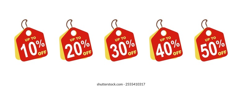 Sales label discount set. 10. 20. 30. 40. and 50 percent badge sticker banner labels vector illustration isolated on white background.