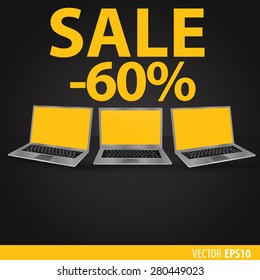Sales of laptops. Black background with laptops with a yellow screen. Sale 60  percent. Vector eps 10