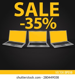 Sales of laptops. Black background with laptops with a yellow screen. Sale 30  percent. Vector eps 10