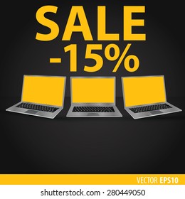Sales of laptops. Black background with laptops with a yellow screen. Sale 15 percent. Vector eps 10