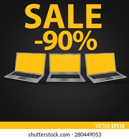 Sales of laptops. Black background with laptops with a yellow screen. Sale 90 percent. Vector eps 10