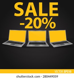 Sales of laptops. Black background with laptops with a yellow screen. Sale 20 percent. Vector eps 10