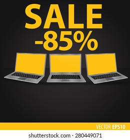 Sales of laptops. Black background with laptops with a yellow screen. Sale 85  percent. Vector eps 10