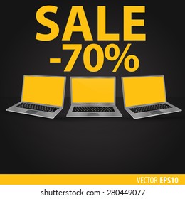 Sales of laptops. Black background with laptops with a yellow screen. Sale 70 percent. Vector eps 10