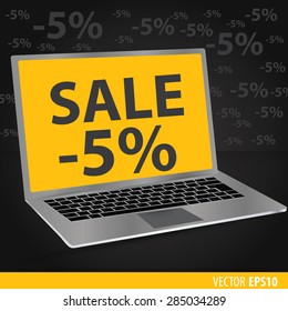 Sales of laptops. Black background with laptops with a yellow screen. Sale 5  percent. Vector eps 10