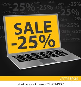 Sales of laptops. Black background with laptops with a yellow screen. Sale 25  percent. Vector eps 10