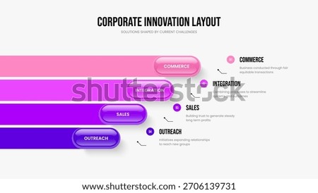 Sales Launch 4 Option Diagram Slideshow Design. Investor Plan Four Element Infographic Presentation Layout. Visual Proposal Slide Template Vector Illustration.