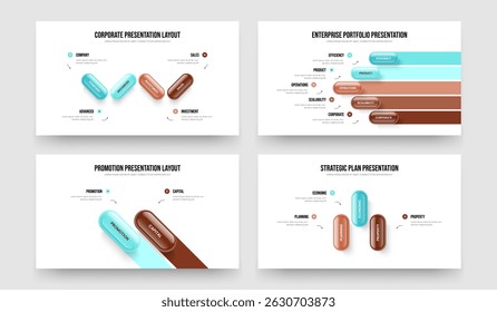 Sales Launch Four Five Two Three Option Diagram Slide Layout Vector Illustration Set. Market Visualization 4 5 2 3 Element Infographic Slideshow Design Collection.