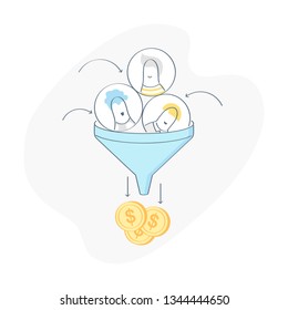 Sales lead funnel, internet marketing conversion concept, business infographics illustration with process of clients or website visitors conversion into money. Flat outline modern vector on white.