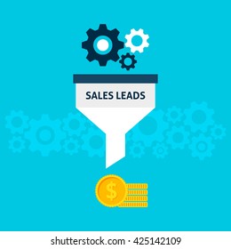 Sales Leads Flat Style Concept. Vector Illustration of Data Filter. Business Conversion into Money. 