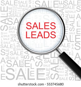 Sales Leads. Magnifying glass over seamless background with different association terms. Business Concept.