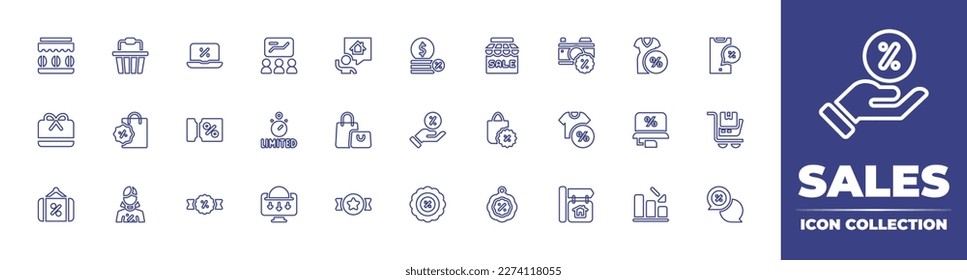 Sales line icon collection. Editable stroke. Vector illustration. Containing coffee shop, shopping basket, laptop, presentation, realtor, coins, store, camera, dress, digital marketing, gift card.