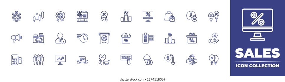 Colección de iconos de línea de ventas. Trazo editable. Ilustración vectorial. Conteniendo tiempo, bolsa de valores, venta, venta, venta, carta, descuento, bolsa de compra, oferta limitada, globos, megáfono, ventas al por mayor.