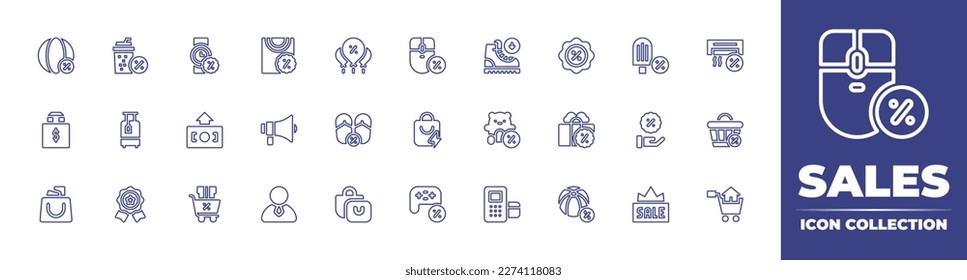 Sales line icon collection. Editable stroke. Vector illustration. Containing ball, juice, watch, tshirt, balloons, computer mouse, sales, discount, popsicle, air conditioner, shopping bag, suitcase.