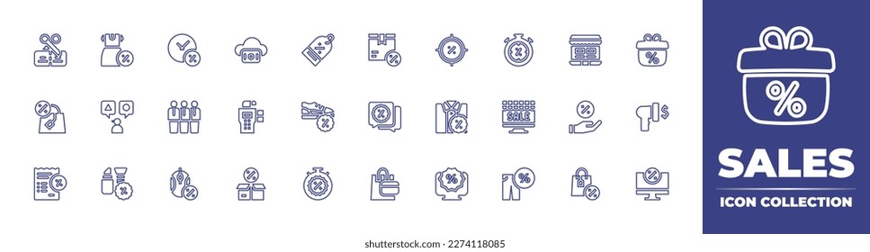 Sales line icon collection. Editable stroke. Vector illustration. Containing voucher, dress, clock, cloud, price tag, box, target, limited time, online shopping, gift, shopping bag, options, team.