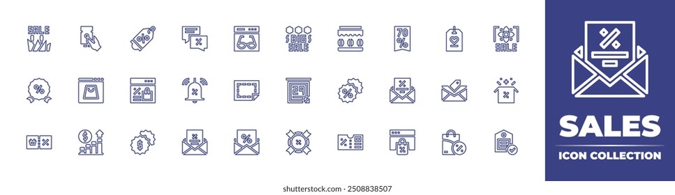 Sales line icon collection. Editable stroke. Vector illustration. Containing sales, spring, openbox, tag, discount, promotions, mail, coffeeshop, onlineshopping, bag, coupon.