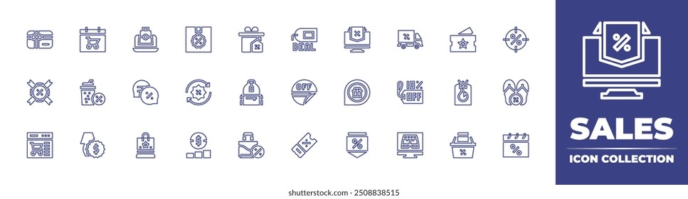 Icono de línea de ventas colección. Trazo editable. Ilustración vectorial. Conteniendo venta, boleto, jugo, compras en línea, Navidad, descuento, mochila, oferta, crecimiento, mensaje.