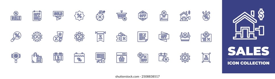 Coleção de ícones da linha de venda. Traçado editável. Ilustração vetorial. Contendo vendas, desconto, cartaz, saco de compras, protetor solar, girassol, calendário, promoção.