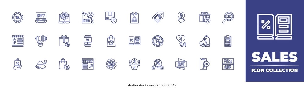 Sales line icon collection. Editable stroke. Vector illustration. Containing sale, springsales, promotion, shares, webpage, discount, pamelahat, laptop, buy, giftbox, package.