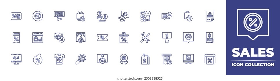 Symbolsammlung für Verkaufspositionen Bearbeitbarer Strich. Vektorgrafik. Enthaltend Verkauf, hotsale, Reklametafel, Gutschein, shoppingonline, Suche, Hemd, Paket, Kamera, Hose.