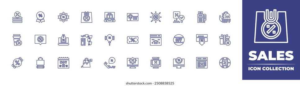 Icono de línea de ventas colección. Trazo editable. Ilustración vectorial. Conteniendo onlinesale, descuento, globos de descuento, Sitio web, seoandweb, telephonecall, cybermonday, ordenador.