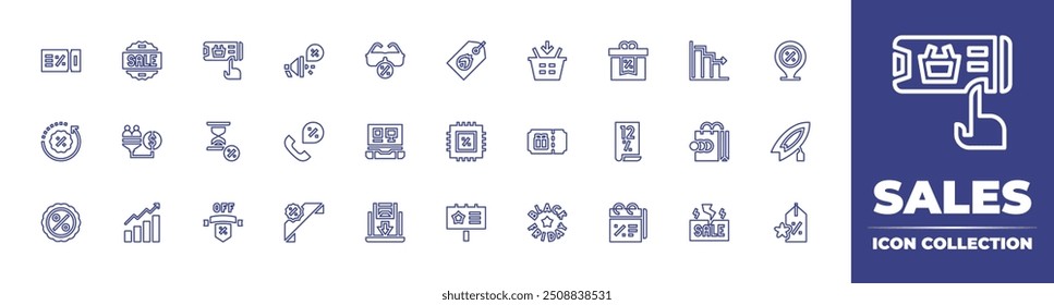 Sales line icon collection. Editable stroke. Vector illustration. Containing growth, salespipeline, sale, discount, time, coupon, banner, offer, marketing, onlineshopping.