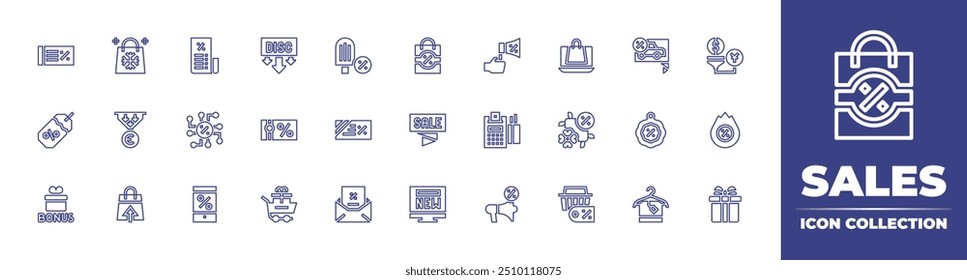 Sales line icon collection. Editable stroke. Vector illustration. Containing salespipeline, sale, popsicle, pricetag, giftbag, giftvoucher, discount, bill, cybermonday.