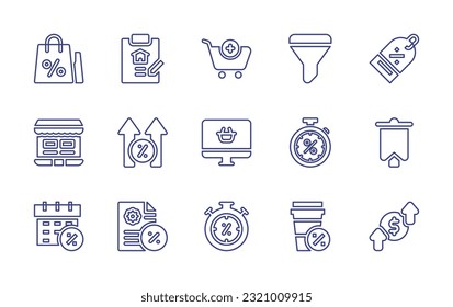 Sales line icon set. Editable stroke. Vector illustration. Containing shopping bag, contract, add to cart, sales funnel, price tag, online shopping, increase, ecommerce, stopwatch, point of interest.