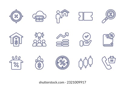 Sales line icon set. Editable stroke. Vector illustration. Containing target, cloud, real estate agent, coupon, sales, house, idea, graph, check, discount, package, hot deal, trading, sale.