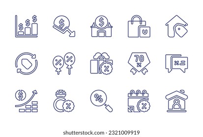 Sales line icon set. Editable stroke. Vector illustration. Containing earn money, sales, real estate, shopping bag, house for sale, repeat, balloons, present, percent, chat, investment, ring, discount